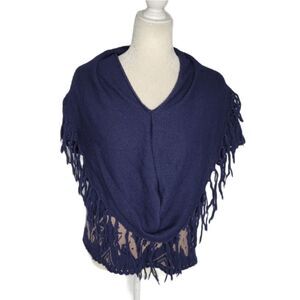 ANTHROPOLOGIE Moth‎ navy blue wool fringe poncho bird sweater XS